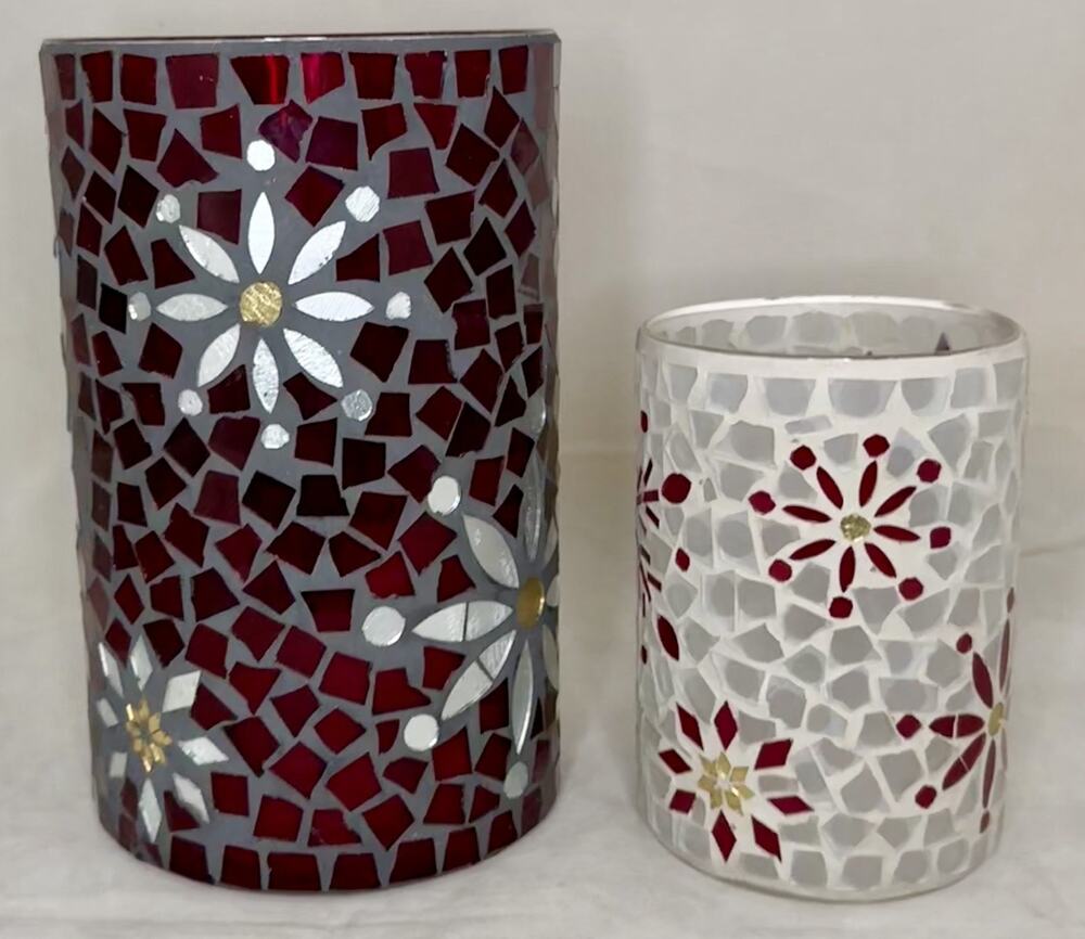 Longaberger Large & Small Candle Holders - Falling Snow Hurricane Glass Pottery